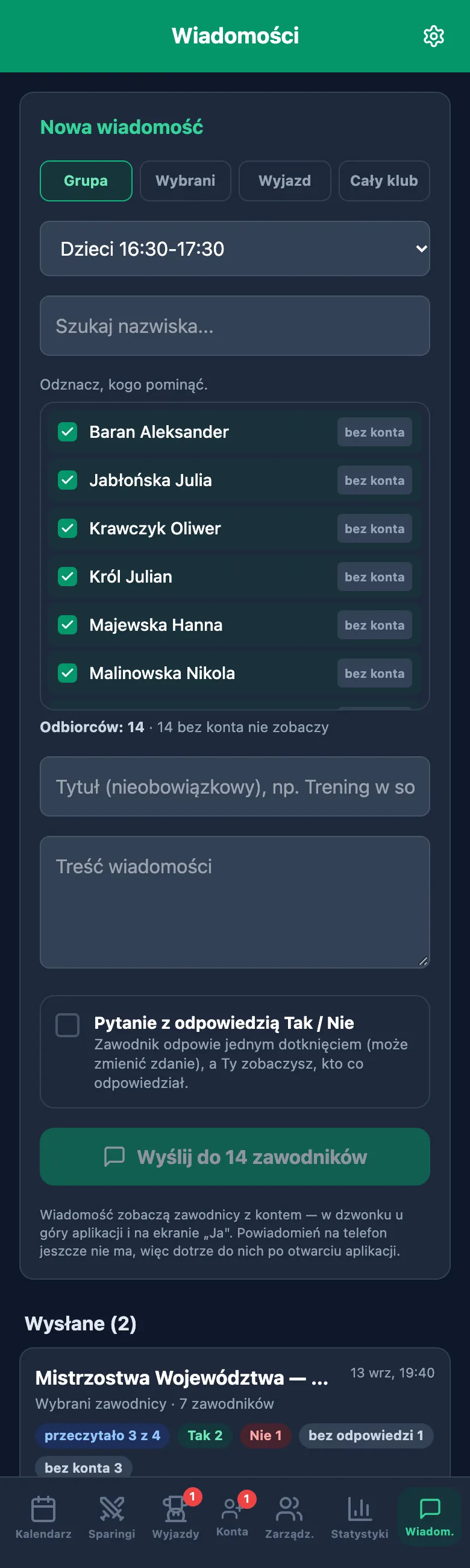Wiadomości do zawodników: nowa wiadomość i lista wysłanych z odpowiedziami Tak i Nie
