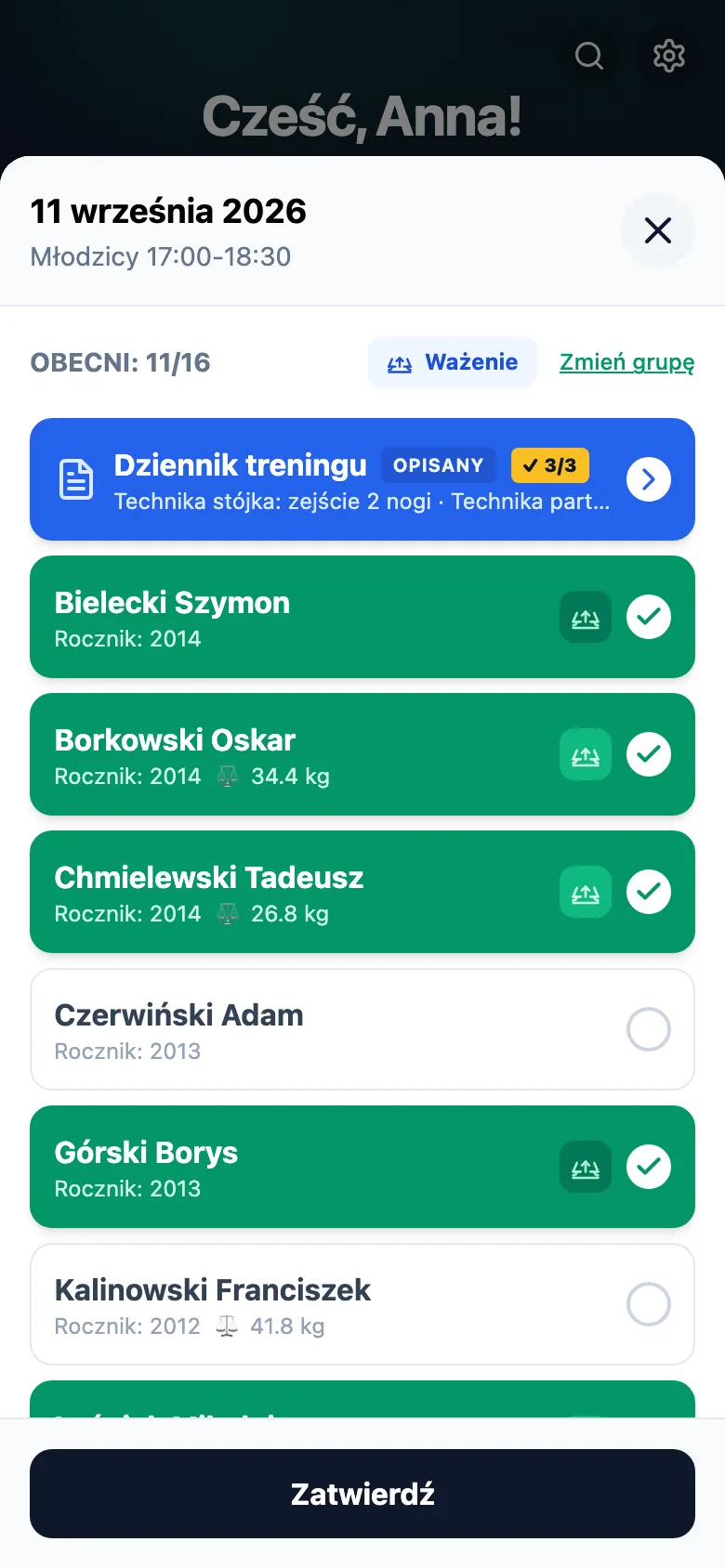 Lista obecności grupy: nazwiska zawodników do dotknięcia