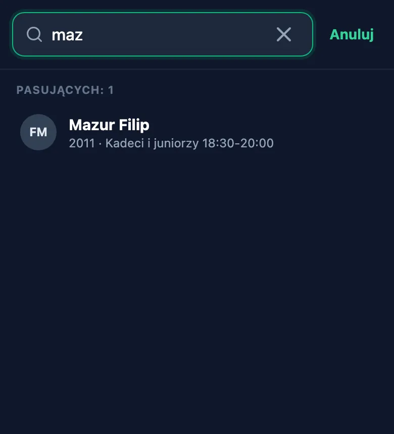 Wyszukiwarka zawodnika: po wpisaniu „maz” lista pokazuje Mazura Filipa, rocznik 2011, grupę Kadeci i juniorzy