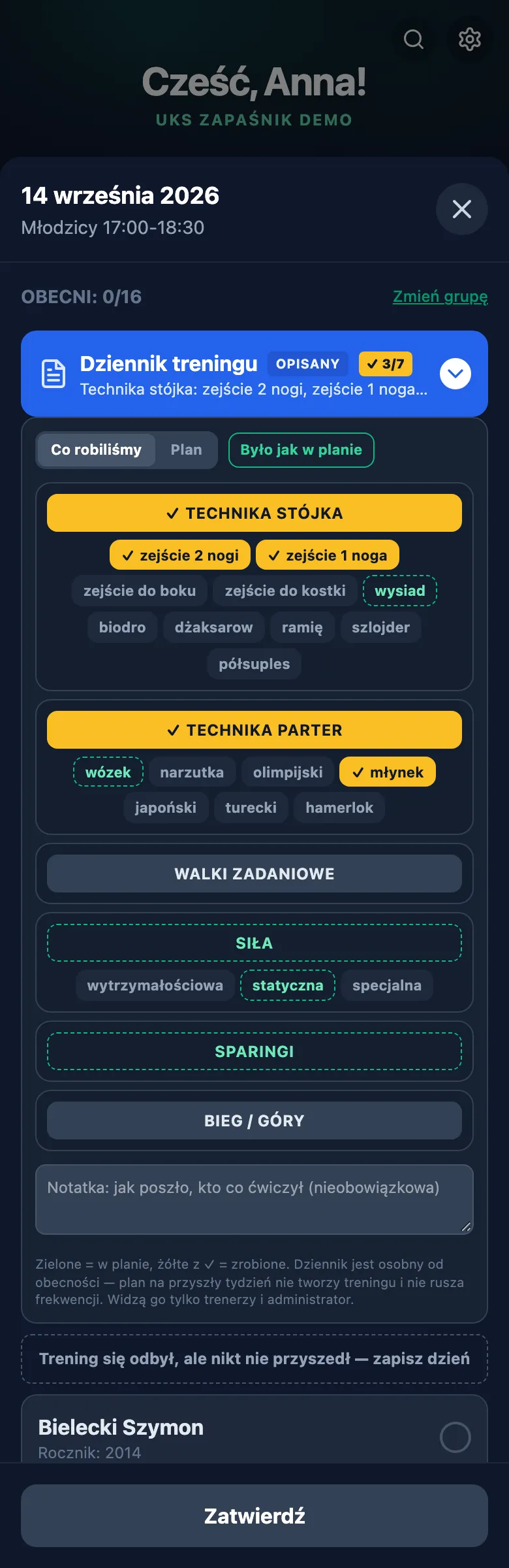 Dziennik „Co robiliśmy” z odhaczonymi pozycjami