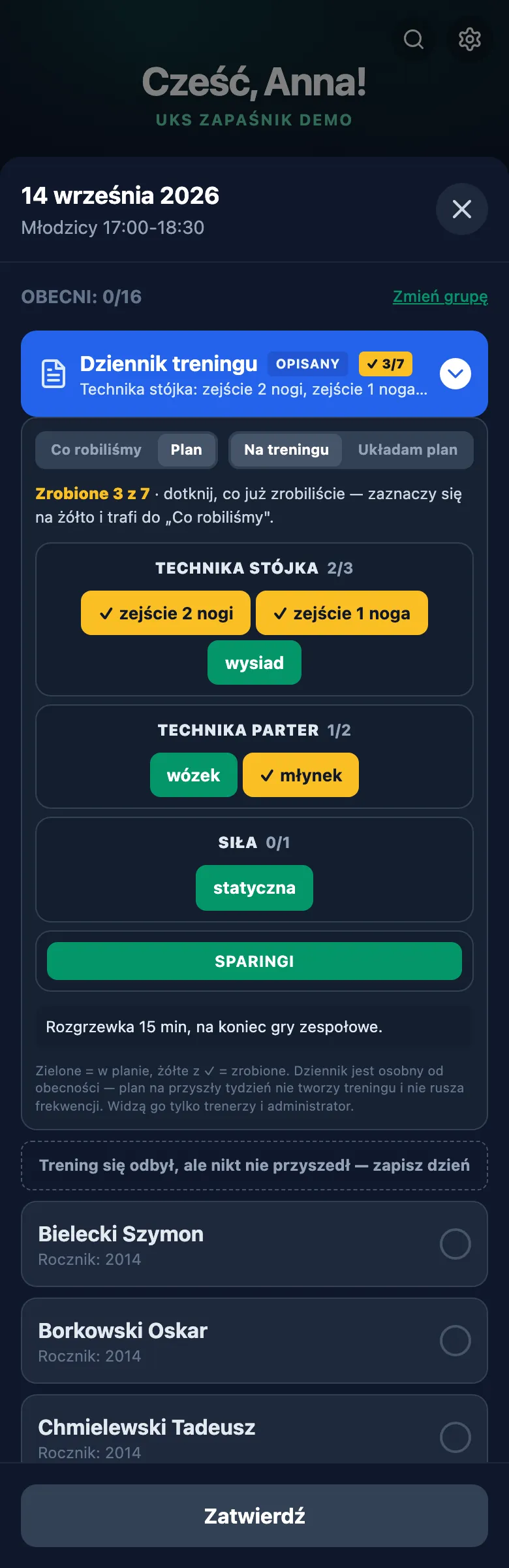 Plan treningu w dzienniku: kategorie technik i licznik zrobionych pozycji