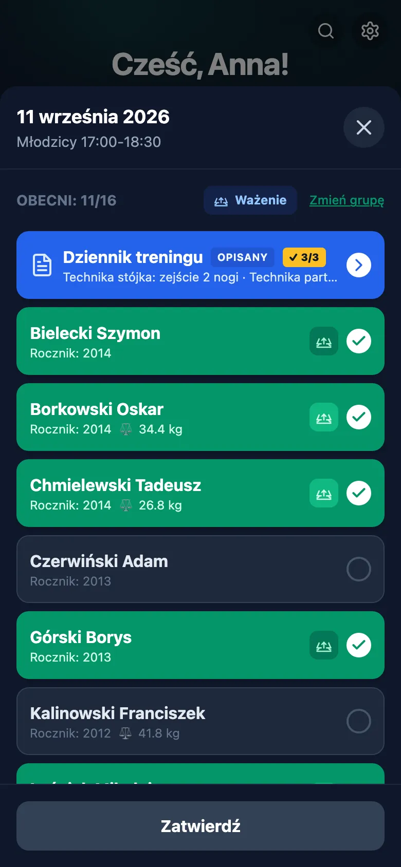 Lista obecności grupy z zaznaczonymi zawodnikami, urodzinami i licznikiem obecnych