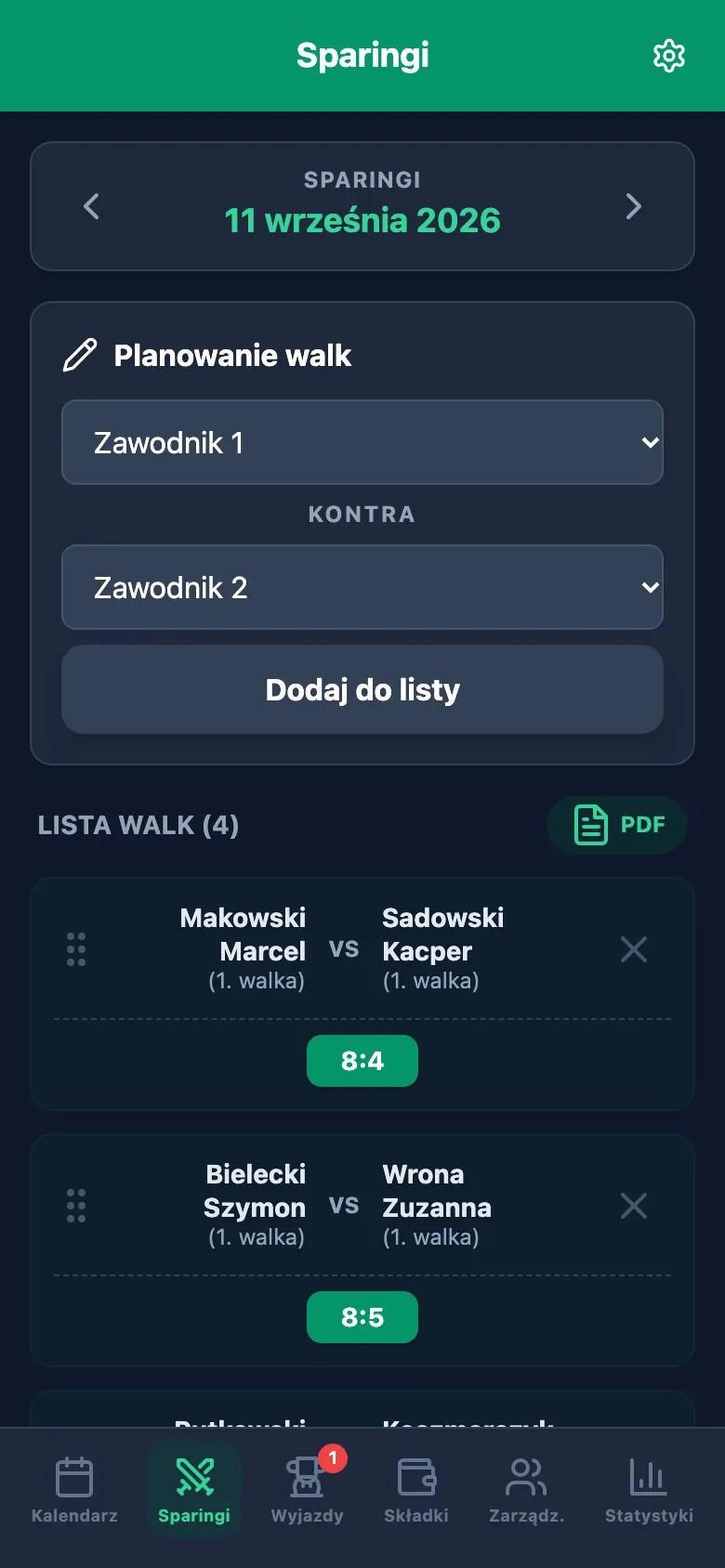 Planowanie sparingów: lista walk dnia z parami wybranymi spośród obecnych