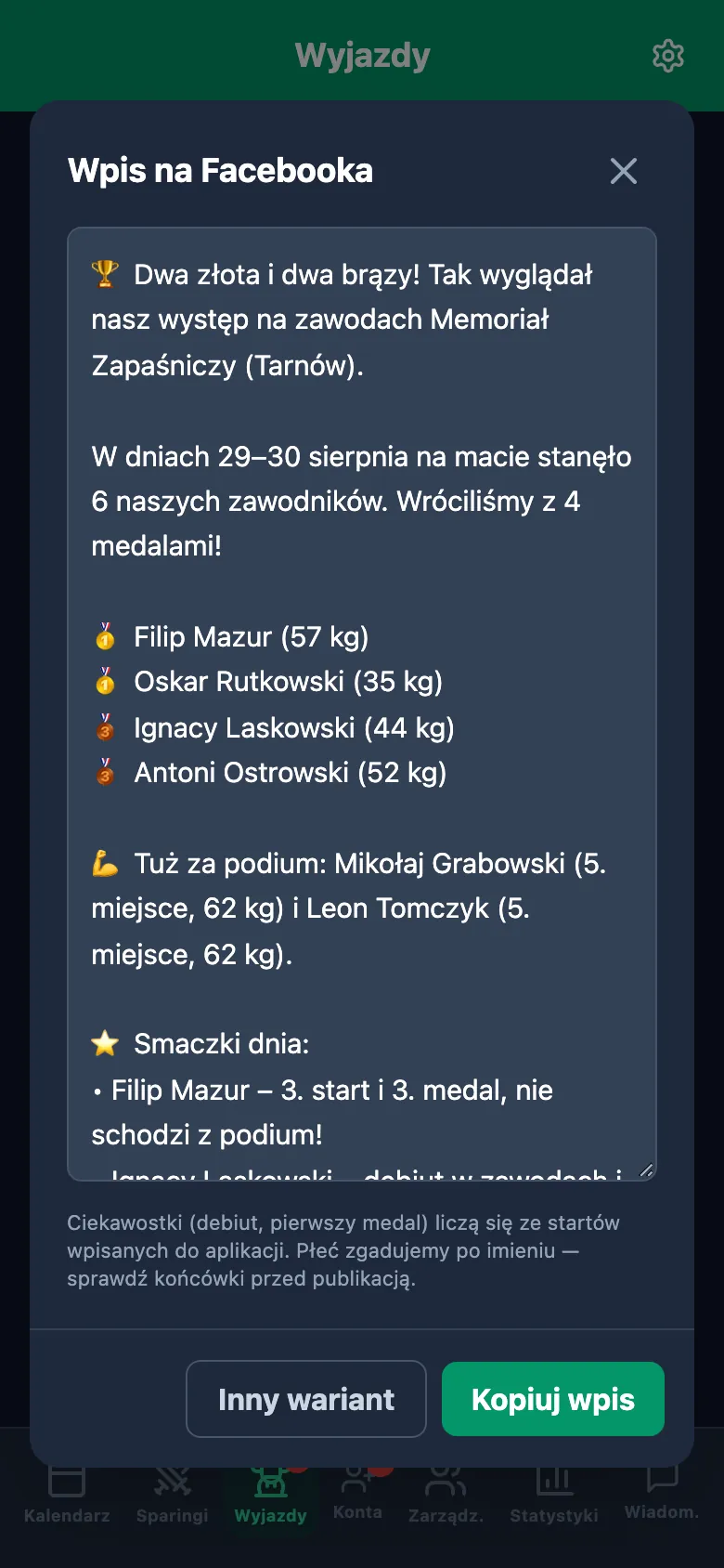 Okno „Wpis na Facebooka” z gotowym tekstem: dwa złota i dwa brązy z zawodów Memoriał Zapaśniczy w Tarnowie, tuż za podium, ciekawostki i przyciski „Inny wariant” oraz „Kopiuj wpis”