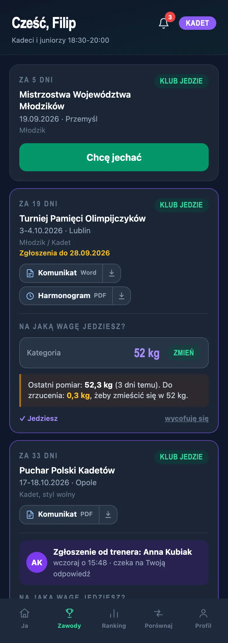 Zawody w aplikacji zawodnika: najbliższe wyjazdy i zgłoszenie